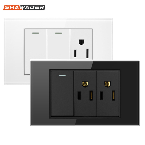 Power Wall Socket Light Switch Double 1/2 Pole Glass/PC Panel Outlets Plate US Modular Mounted Home Office Electrical Appliances ► Photo 1/6
