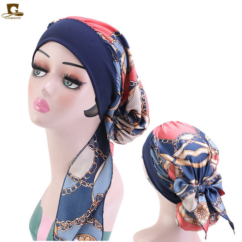 Muslim Hijab womens Cancer Chemo silky Flower Print Hat Turban Cap Cover Hair Loss Head Scarf Pre-Tied Headwear Strech Bandana ► Photo 1/6