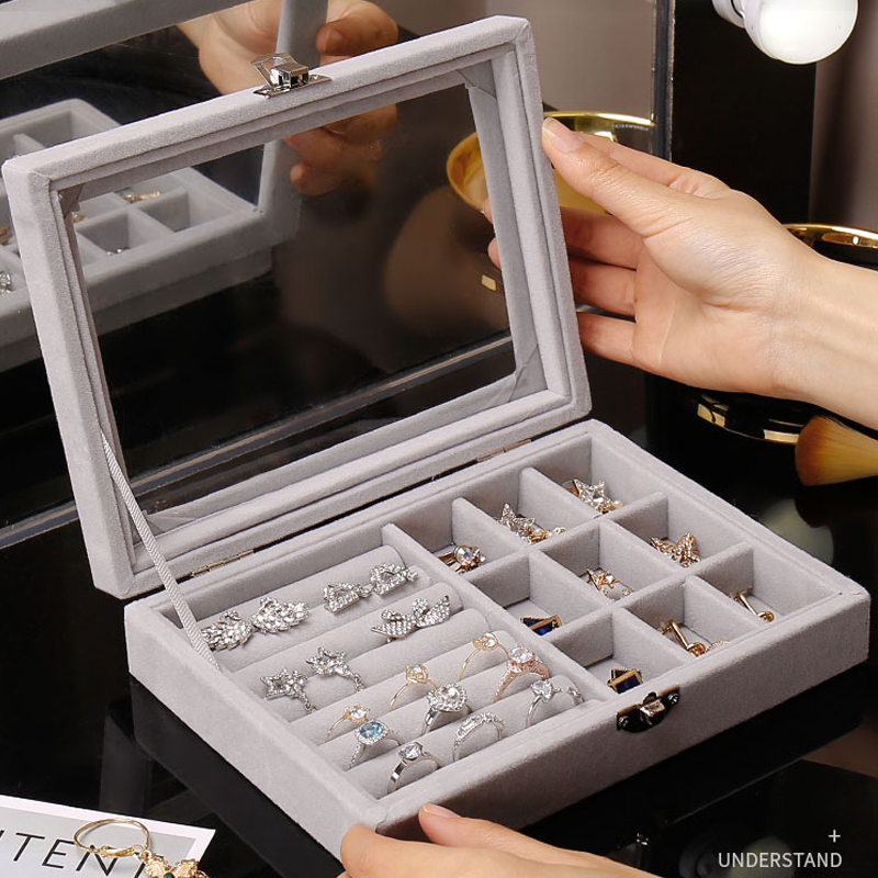 Portable Velvet Glass Jewelry Ring Display Box Tray Holder Storage Box Organizer 