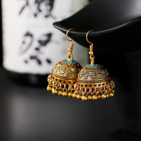 Women's Vintage Ethnic Green Gypsy Gold Indian Earrings Boho Jewelry Retro Bell Tassel Carved Ladies Jhumka Earrings ► Photo 1/6