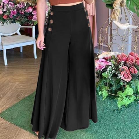 Women's Fashion Autumn Pants Vintage Elastic Waist Trousers ZANZEA Casual Wide Leg Pants Female Solid Button Bottoms Plus Size ► Photo 1/6