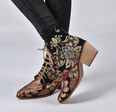 3 colors Autumn Retro Women Embroidery Flower Short Boots Lady Elegant Lace Up Ankle Boots Female Chunky Botas Mujer size 35-43 ► Photo 1/6