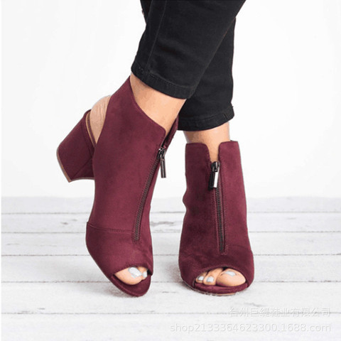 Fashion Ankle Boots Faux Suede Size 36-42 Leather Casual Open Peep Toe High Heels Zipper Square Rubber Black Women Shoes 2022 ► Photo 1/4