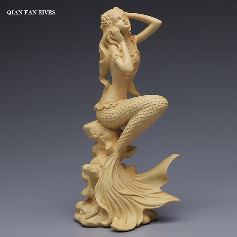 Hand carved wooden mermaid statue，Modern art sculpture, Cute home decoration accessories,Solid wood figurines  free delivery ► Photo 1/5