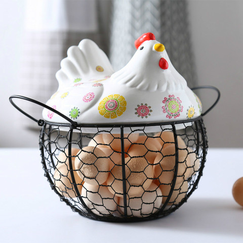 Storage Box Kitchen Ceramic Hen Storage Decorative Accessories Ceramic Iron Egg Basket Fruit Basket Garlic Potato Sundries ► Photo 1/6