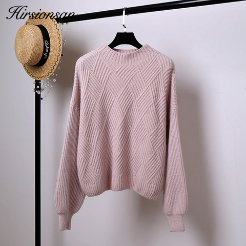 Hirsionsan Pull Femme 2022 Winter Autumn Oversized Knitted Cashmere Sweater Women Lantern Sleeve Diamond Basic Thicken Pullovers ► Photo 1/6