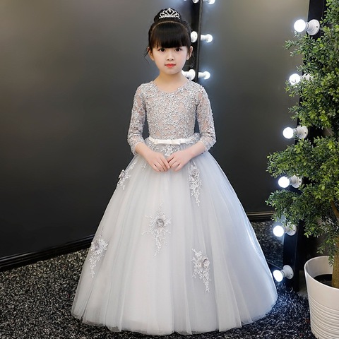 Gray Tulle Princess Dresses Beads Girl Long Children's Wedding Clothes Kids Party Pageant Flower Girl Evening Ball Gown ► Photo 1/6