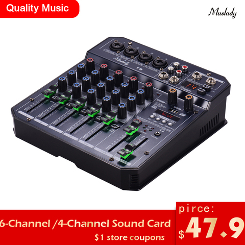 Muslady T6 Portable 6-Channel Sound Card Mixing Console Audio Mixer Built-in 16 DSP 48V Phantom power Supports BT Connection ► Photo 1/6