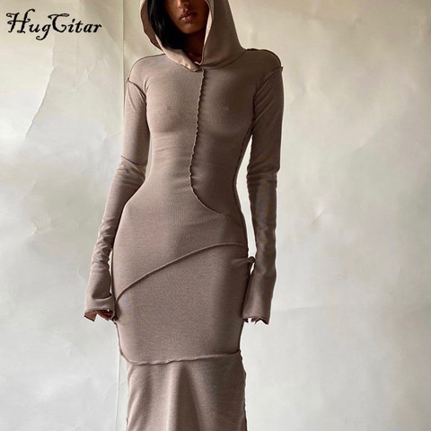 Hugcitar 2022 Long Sleeve Hooded Patchwork Skinny Maxi Dress Autumn Winter Women Fashion Streetwear Casual Outfits ► Photo 1/6