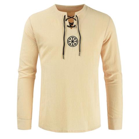 Men Plus Size Shirt Top T-Shirts Men Ancient Viking Embroidery Lace Up V Neck Long Sleeve Shirt Top For Men's Clothing ► Photo 1/6