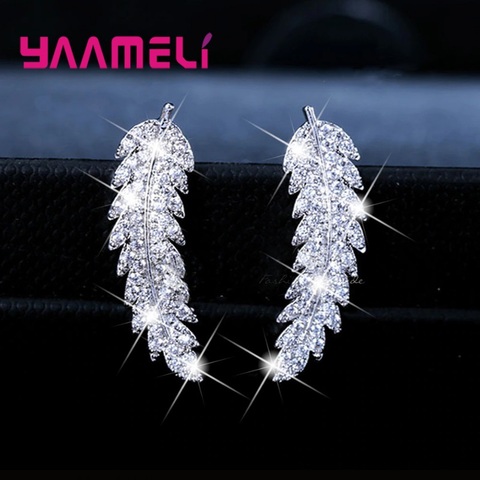 Hot Sale Korean Elegance Leaf Women Stud Earring 925 Sterling Silver Clear Rhinestone CZ Crystal Handemade Ear Brincos Pendiente ► Photo 1/6