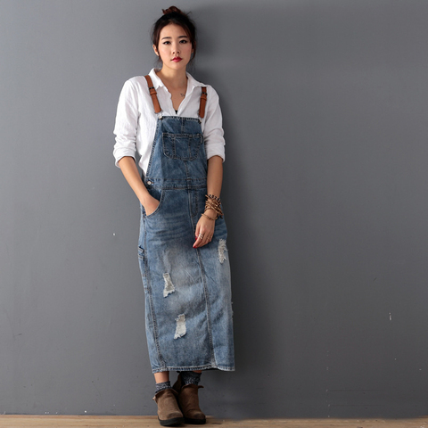 Women Loose Denim Dress Ladies Bleached Holes Denim Dress Female Spaghetti Strap Ripped Vintage Denim Dresses 2022 ► Photo 1/6