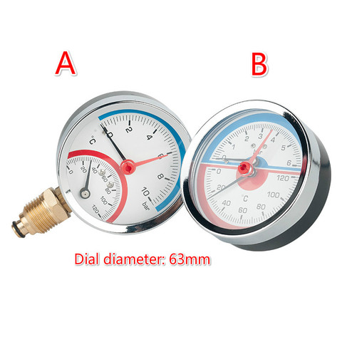 6 bar 10 bar 16 bar Radial Axial Temperature Pressure Gauge Meter G1/4 G1/2 Thread Thermometer Dial diameter 63mm ► Photo 1/4