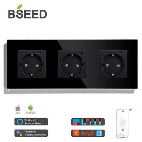 BSEED Wifi EU Standard Wall Socket Triple Socket 16A 110V-250V White Black Gloden Crystal Glass Panel Support For Tuya App ► Photo 1/5