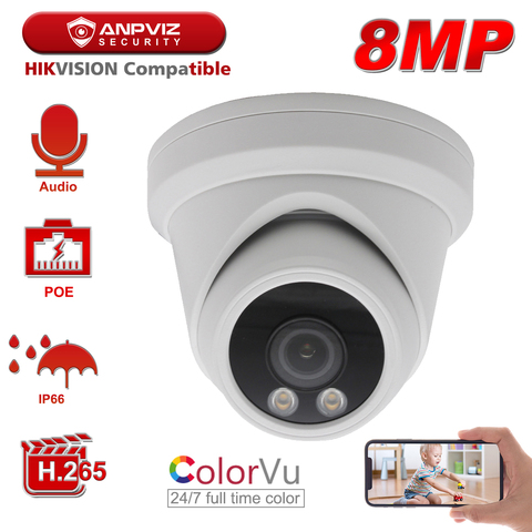 Hikvision Compatible Anpviz 8MP ColorVu IP Camera Starlight POE Turret Super Color Night Vision 30m Audio IP66 Onvif 2.8mm Lens ► Photo 1/6