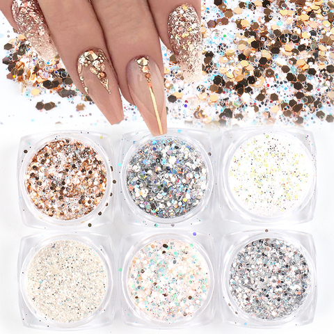 6pc Glitter For Nails Mixed Hexagon Sequin Champagne Laser Sliver Nail Art Flakes Paillette Manicure Decoration Design LA1539-27 ► Photo 1/6