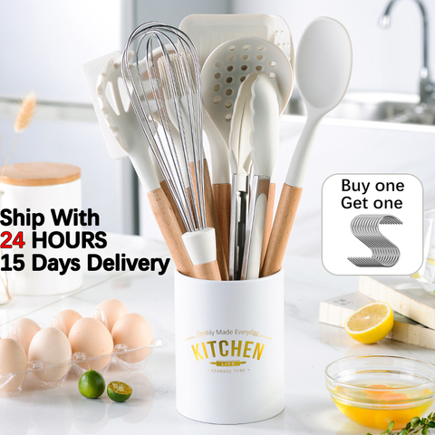 White Cooking Kitchenware Tool Silicone Utensils Set With Wooden Multifunction Handle Non-Stick Spatula Ladle Egg Beaters Shovel ► Photo 1/6