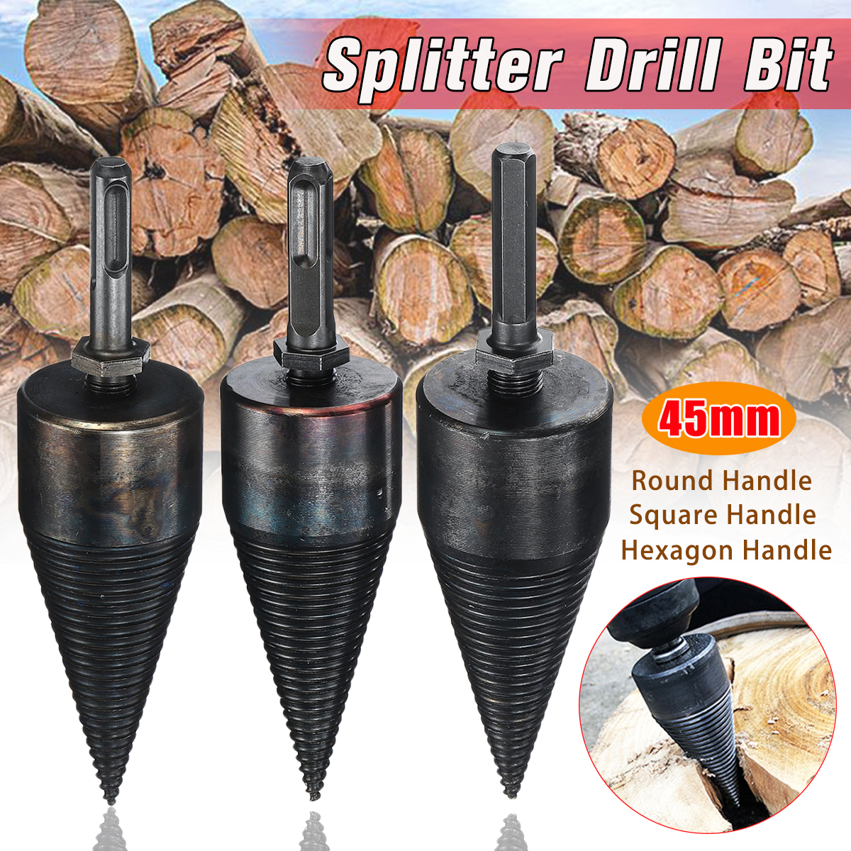 3 Handles Firewood Electric Drill Wood Cone Punch Driver Bit Split Drilling 