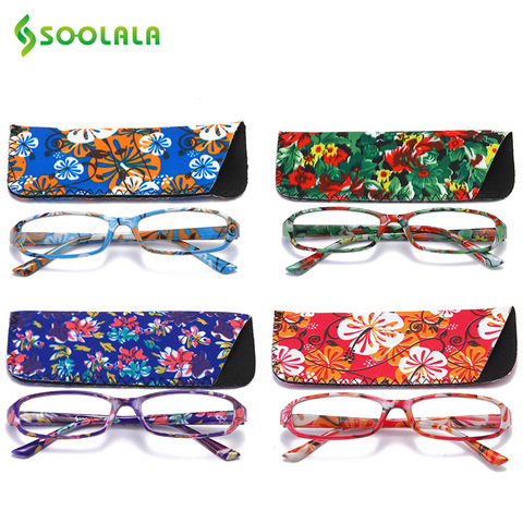 SOOLALA Printed Reading Glasses w/ Matching Pouch Spring Hinge Rectangular Presbyopic Glasses with Cases +1.0 1.5 1.75 to 4.0 ► Photo 1/6