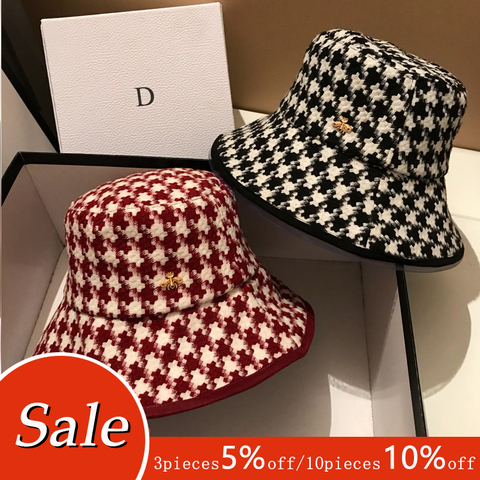 2022 Brand Bee fashion fisherman hat spring autumn Winter Lattice hats women Black plaid hats female tweed plaid bucket hats ► Photo 1/6