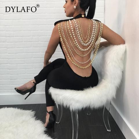 Hot Sale Pearl Chain Sexy Backless Jumpsuit Women Sleeveless Skinny Bodycon Rompers Women Party Overalls Casual Tassel Playsuits ► Photo 1/6