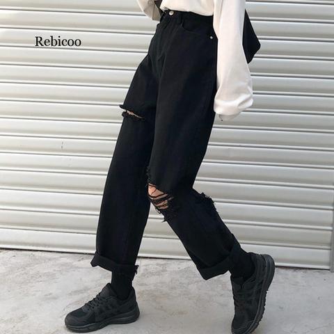 Vintage loose jeans black straight wide leg jeans high waist ripped jeans for women knee ripped pants mom jeans boyfriends ► Photo 1/6