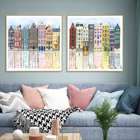 Abstract Modern City Building Colourful Illustration Reflection Canvas Print Painting Poster Wall Art Picture Bedroom Home Decor ► Photo 1/6