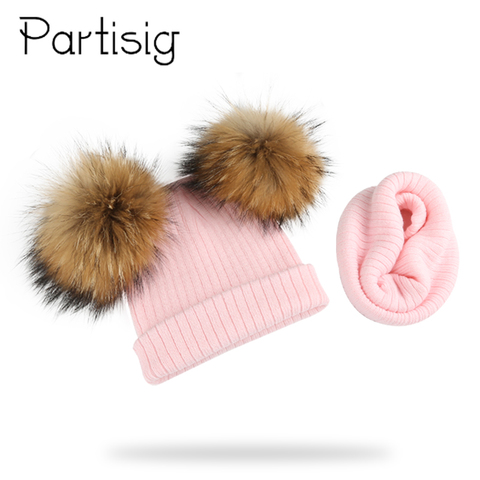 Winter Kids Natural Raccoon Fur Double Pompon Hat And Scarf For Girls Baby Cap With Genuine Pompom Children's Accessories Bonnet ► Photo 1/6