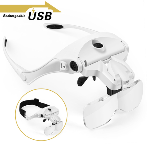 Magnifying Glasses, Rechargeable LED Light Lamp Head Loupe Headband Magnifier Eyewear Glasses Tool Repair Reading Magnifier ► Photo 1/6