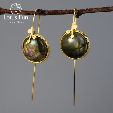 Lotus Fun Natural Labradorite Gemstone Drop Earrings Real 925 Sterling Silver 18K Gold Leaves Earrings for Women Fine Jewelry ► Photo 1/6