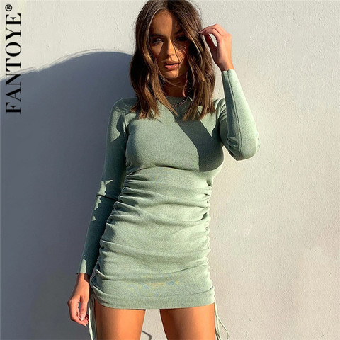 FANTOYE Cotton Full Sleeve Dress 2022 Autumn New Women Fold Ruched Drawstring Slim Mini Dress Casual Streetwear O-Neck Dresses ► Photo 1/6