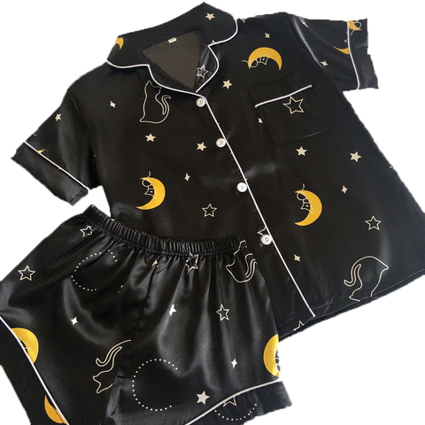 QWEEK Silk Pajamas for Women Pyjama Satin Femme Print Nightgown Set Female Pijama Women's Home Suit Sleepwear Shorts and Top ► Photo 1/6