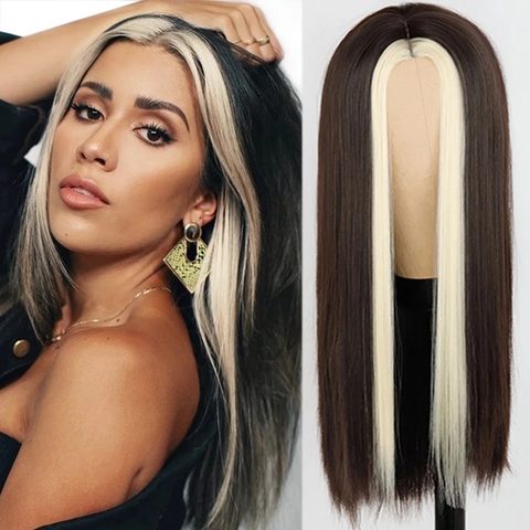 Black Long Straight Wig For Women Both sides Gold Hair Middle Part Heat Resistant Wavy Cosplay Wig For Girl ► Photo 1/6