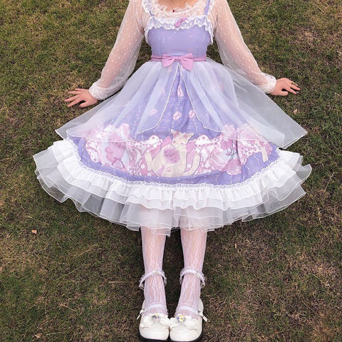 Japanese Sweet Lolita Dress Soft Girl Cute Cartoon Cat Print Jsk Lolita Dress Women Harajuku Chic Lace Tulle Bow Tea Party Dress ► Photo 1/6