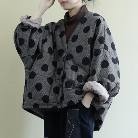 Autumn New Fashion Women Jackets Big Size Clothing Loose Casual Thick Cotton Coat Long Sleeve Polka Dot Jackets Coats S587 ► Photo 1/6