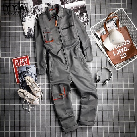 Vintage Harajuka Mens Long Sleeve Cargo Overalls Zipper Fly Pockets Rompers Mens Jumpsuit Fashion Loose Casual Plus Size S-4XL ► Photo 1/4