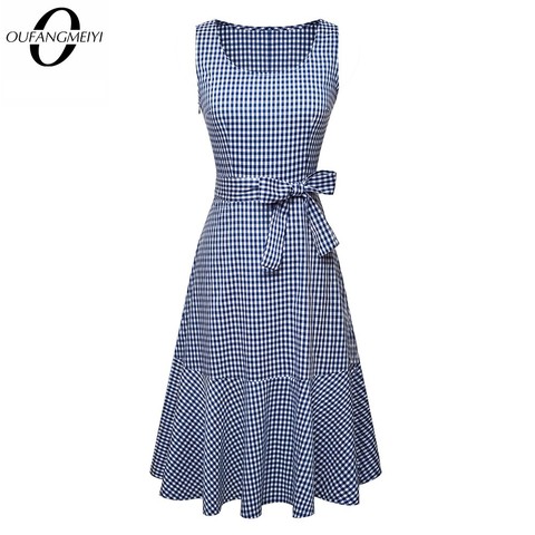 Women Casual Sleeveless Bow Grid Party Retro Bandage Fashion A line Dress EA192 ► Photo 1/6