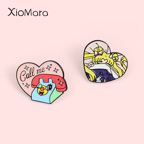 Japanese Anime Pinky Enamel Pin Pink Heart Sleepy Girl Calling me Bagde Cartoon Jewelry Brooches Lapel Pin For Friends Gifts ► Photo 1/6