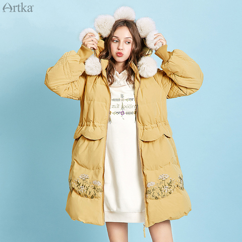 ARTKA 2022 Winter New Women Flower Embroidery 90% White Duck Down Coat Fox Fur Collar Hooded Thicken Long Down Coats ZK10698D ► Photo 1/6