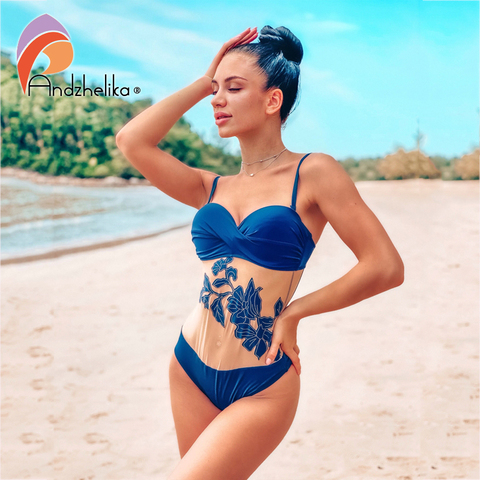 Andzhelika Floral Mesh One Piece Swimsuit Women 2022 Summer Bandeau Push Up Swimwear Bathing Suit Plus Size Swimwear Monokini ► Photo 1/6