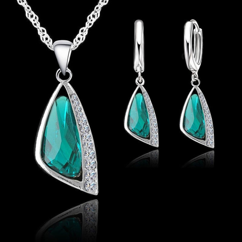 925 Sterling Silver Jewelry Sets Geometric Austrian Crystal Pendant Necklace Hoop Earring For Women Wedding Engagment ► Photo 1/1