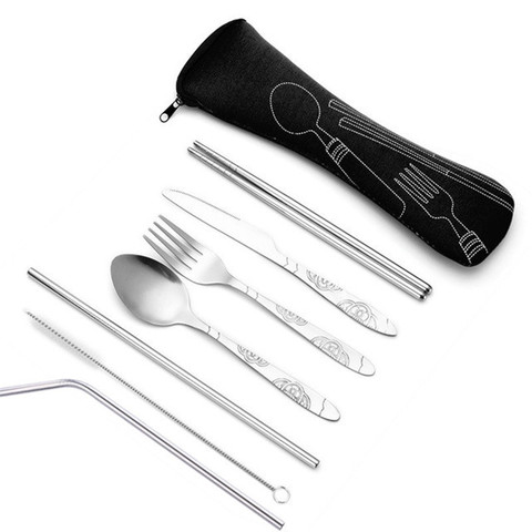 3pcs/7pcs Set Dinnerware Portable Printed Stainless Steel Spoon Fork Steak Knife Set Travel Cutlery Tableware with Bag ► Photo 1/6