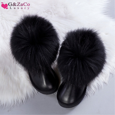 G&Zaco Luxury Natural Black Fox Fur Snow Boots Waterproof Cowskin Boots Ankle Boots Real Fur Genuine Leather Women Flat Shoes ► Photo 1/6