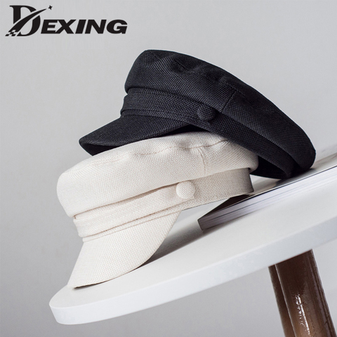 Fashion Spring Summer  Military Hat  Sailor Hat for Women  Black White  Flat Top Female Travel Cadet Hat Captain Cap ► Photo 1/6