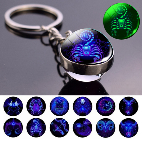 Glowing 12 Constellation Keychain Luminous Glass Ball Pendant Zodiac Key Rings Jewelry Birthday Gift Scorpio Leo Libra Keyrings ► Photo 1/6