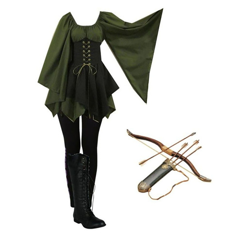 Archer Ranger Elf Fairy Elven Costume Women Gown Tunic Dress Lace Up Cincher Cosplay Woodland Forest Halloween Outfit For Girls ► Photo 1/6