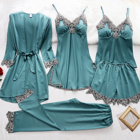 New 4 Pieces Women Pajamas Sets Faux Silk Pajamas Sleepwear Sets Elegant Sexy Lace Fashion Spring Autumn Homewear ► Photo 1/6