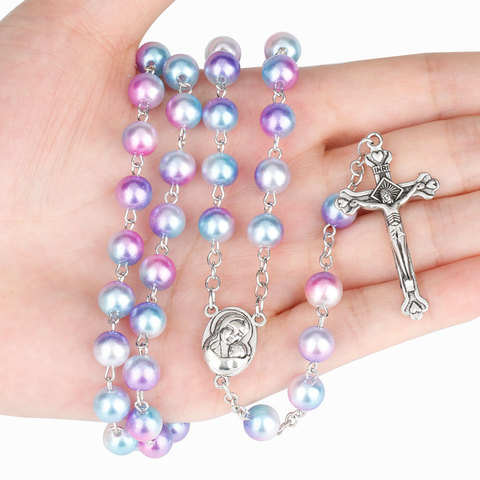 12 colors Religion Rosary necklace For Women Christian Virgin Mary Jesus Cross pendant Long beads chains Fashion Jewelry Gift ► Photo 1/6