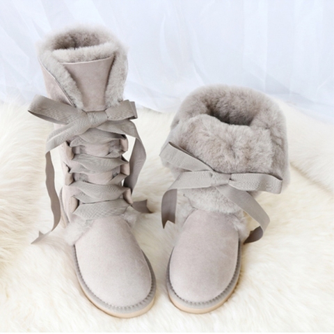 Knee-high Genuine Sheepskin Leather Snow Boots Australia G Boots Lace Wool Boot Sheep Fur Women Winter Warm Flat Shoes ► Photo 1/6