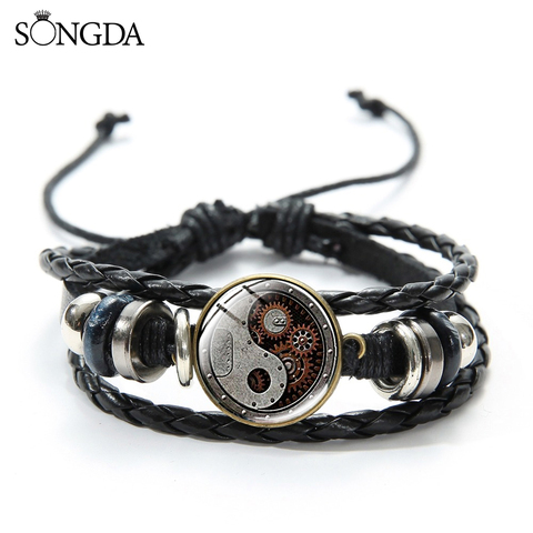  Steampunk Gear Yin Yang Braided Leather Bracelet for Men Women Tai Chi Tree of Life Art Pattern Glass Dome Charm Bracelet ► Photo 1/6